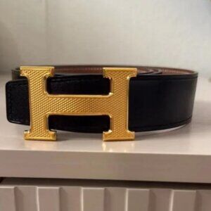 Men’s Hermes Reversible Leather Belt with Gold Plated Logo Buckle